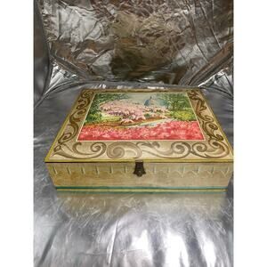 Vintage Sunshine Biscuit Metal Tin with White House cherry blossom scene 12 x 11